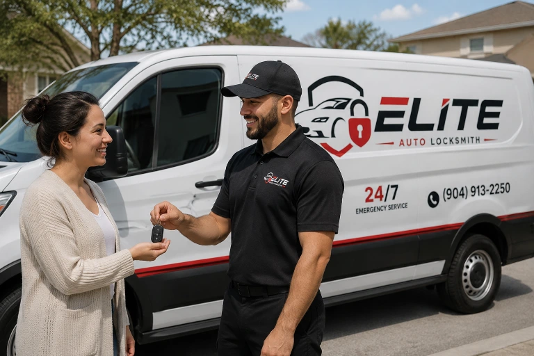 Jacksonville automotive locksmith customer receiving a replacement car key